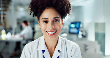 Canvas Print - African woman, smile and portrait in lab, research or cancer treatment with career at pharma company. Person, scientist and happy for innovation, study and experiment at job for medicine development