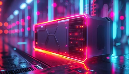 Wall Mural - Close-up of futuristic server hardware with neon lights in a modern data center, showcasing advanced technology and connectivity.