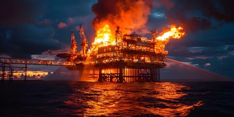 Canvas Print - Oil Rig Fire Emergency Situation on Offshore Petroleum Production Site. Concept Emergency Response, Oil Rig Incident, Offshore Operations, Fire Safety Measures, Petroleum Industry