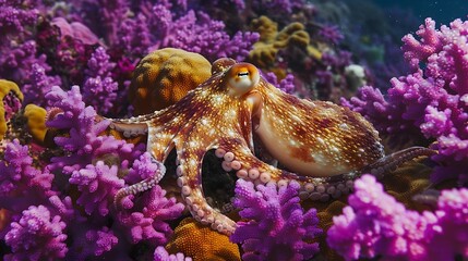 Wall Mural - The magnificent octopus perfectly accepts the color of the purple coral reef demonstrating the skill of camouflage : Generative AI