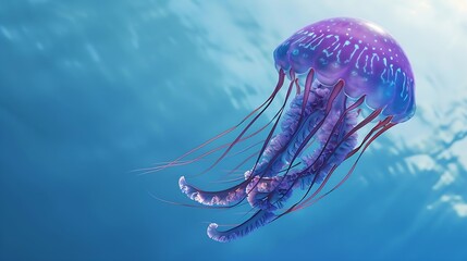 Wall Mural - a jellyfish with a purple body and blue tentacles is swimming in the water with a blue background and a blue sky : Generative AI