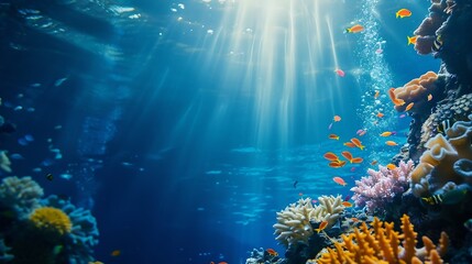 underwater coral reef landscape super wide banner background  in the deep blue ocean with colorful fish and marine life : Generative AI