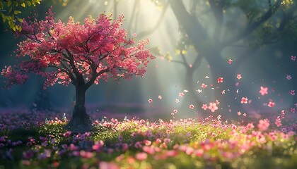 Wall Mural - Beautiful cherry blossom tree in the morning with sunbeams