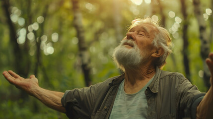 Portrait of a free happy mature retired man with open arms enjoying life with nature background , old joyful caucasian male with good mental health