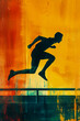 © Marina_Nov - Minimalistic abstract poster depicting traceur in form of dark silhouette of slender man hovered in jump. Silhouette of man doing parkour on gradient from orange to yellow background. Copy space.