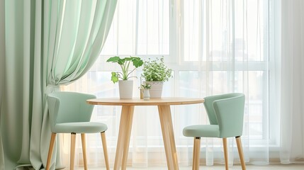 Wall Mural - Two mint color chairs at round wooden dining table against window dressed with light green and white curtains. Scandinavian interior design of modern dining room. copy space.