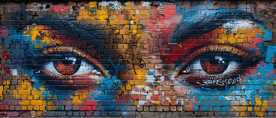 a captivating mural of expressive eyes painted on a brick wall, featuring vibrant colors and intrica