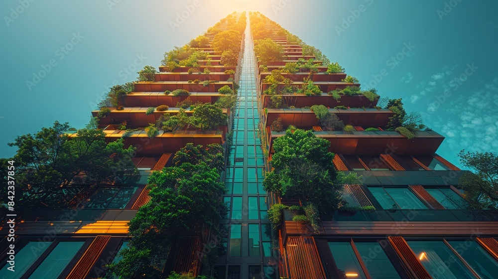 A modern skyscraper featuring vertical gardens with lush greenery ...
