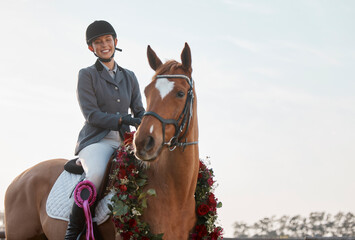 Poster - We won. Woman, achievement and horse on farm for event, ribbon and flowers for competition. Garland, animal and female sportsman in countryside for course, dressage and performance on ranch in Texas.