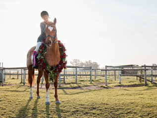 Canvas Print - Woman, show and horse on farm for competition, training and sport or event in nature. Achievement, animal and female sportsman in countryside for dressage and flowers for performance in Texas