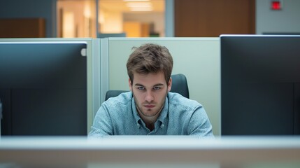 A young man appears thoughtful and focused while working on a computer in a modern office cubicle