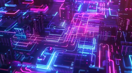 3D illustration of a futuristic cityscape with glowing neon lights.
