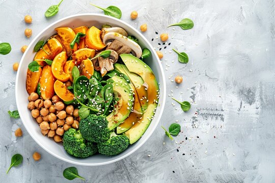 healthy vegan lunch bowl with Avocado, mushrooms, broccoli, spinach, chickpeas, pumpkin on a light background. vegetables salad. Top view. Copy space, Generative ai