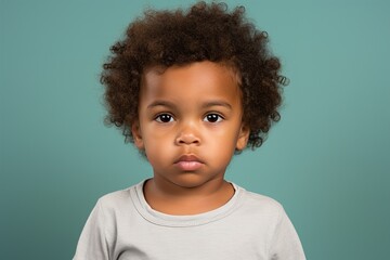 A young child with brown hair and a white shirt is looking at the camera