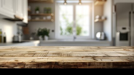 Empty rustic wooden table on a blurred clean and modern kitchen background with sleek white cabinets