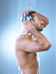 Sticker - Shower, wash hair and man on studio background with shampoo for hygiene, grooming or morning routine. Body, dirt and Asian model with profile for natural treatment, soap or clean scalp in bathroom