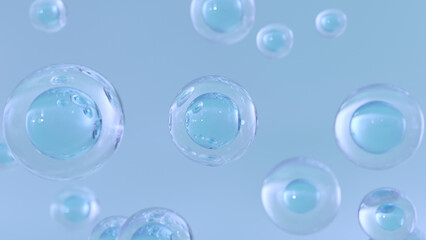 Wall Mural - 3d rendering cosmetics serum bubbles on defocus background. collagen bubbles design. moisturizing cr