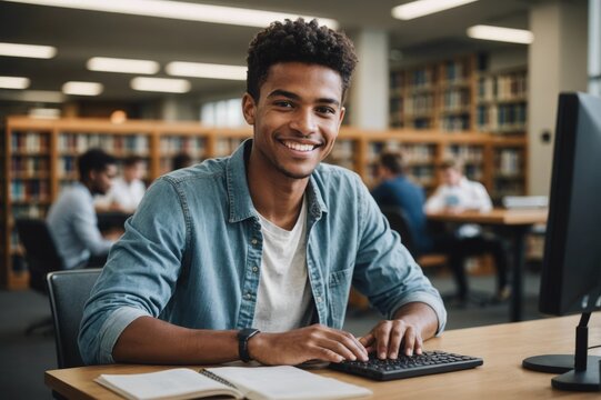 Portrait smiling, confident male college student studying, researching at computer in library
