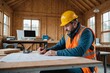 © ThomasLENNE - Construction worker sitting at desk looking at blueprint in portable cabin