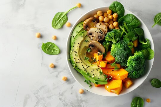 healthy vegan lunch bowl with Avocado, mushrooms, broccoli, spinach, chickpeas, pumpkin on a light background. vegetables salad. Top view. Copy space, generartive ai