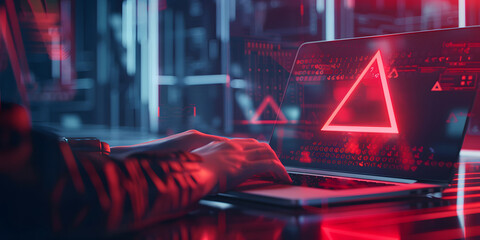 System hacked warning alert. Person use laptops with virtual warning sign for cyber attack. Ransomware, Virus, Spyware, Malware or Malicious software, Data breach, Cyber security and cybercrime design