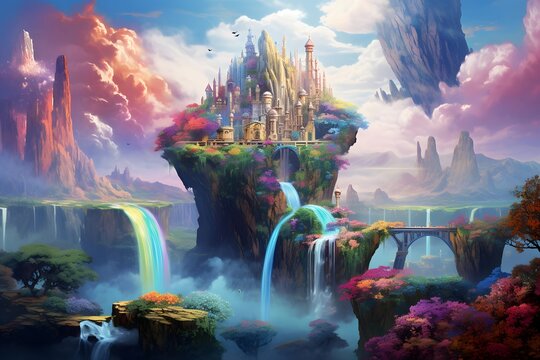 Fantasy landscape with waterfall and fairy tale castle. Digital painting.