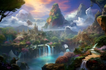 Wall Mural - Digital painting of a waterfall in the jungle at sunrise, Thailand.