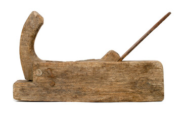 Wall Mural - An old wooden planer on a white background. Side view. The plane is isolated.