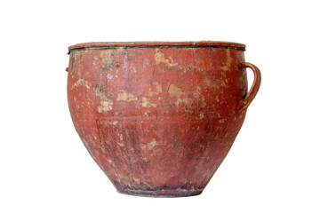 Wall Mural - Antique clay pot isolated on white background. A red scratched clay pot.