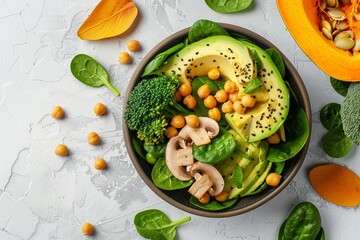 Wall Mural - healthy vegan lunch bowl with Avocado, mushrooms, broccoli, spinach, chickpeas, pumpkin on a light background. vegetables salad. Top view. Copy space, generartive ai