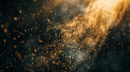 Wall Mural - a close-up slow-motion shot of dust particles dancing in a sunbeam, illuminated against a dark backg