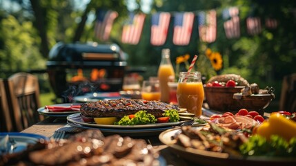 A backyard barbecue table with grilled food, drinks, and patriotic decorations.