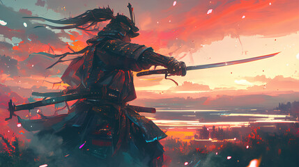 The samurai swings his katana overlooking a landscape of ancient Japanese buildings