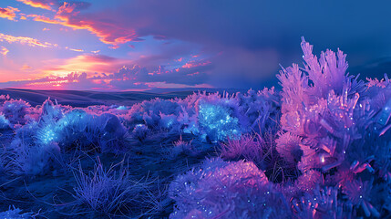 Wall Mural - A field of purple flowers with a cloudy sky in the background