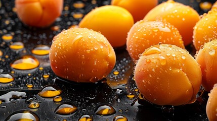 Wall Mural - Background of bright beautiful juicy ripe orange apricots. Concept of summer harvest, canning. Fresh apricot fruit, with drops of water over it.