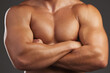 © Flashizzle/peopleimages.com - Closeup, arms crossed and topless man in studio for fitness, exercise and wellness with chest. Athlete, bodybuilder and healthy by dark background for workout, training and sports for health and care