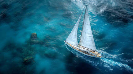 A dinghy sailing gracefully across calm, clear blue sea water