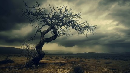 Contorted tree's dark silhouette set against a stormy horizon, limbs reaching out like skeletal hands, arid land beneath, haunting shadows