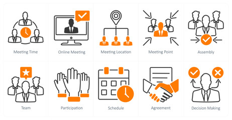 A set of 10 meeting icons as meeting time, online meeting, meeting location