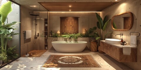 Wall Mural - White bathroom interior with plants and flower. ai generated