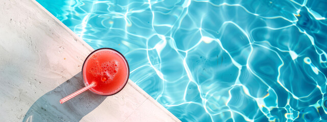 Top view of beautiful summer vacation background with cold watermelon juice by the clear blue swimming pool water. Summer concept banner with copy space