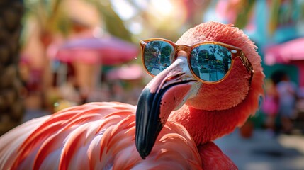 Wall Mural - flamingo in sunglasses on summer background with copy space