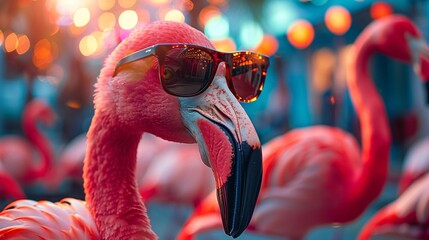 Wall Mural - flamingo in sunglasses on summer background