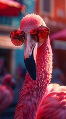 Wall Mural - flamingo in sunglasses on summer background