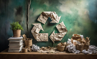 Wall Mural - Recycling sign made from wastepaper, grungy background