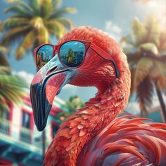 Wall Mural - flamingo in sunglasses on palm background