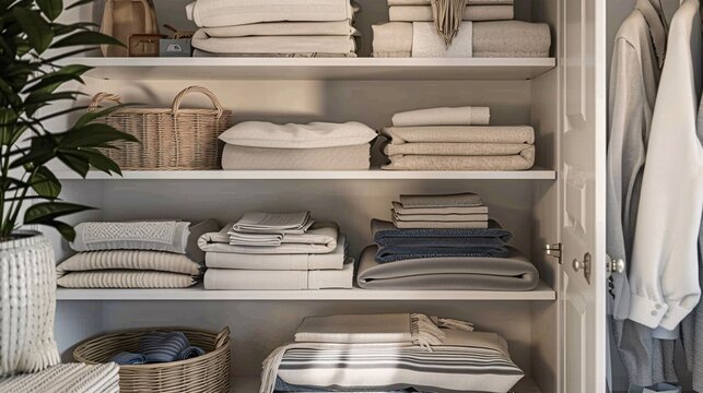 A neatly organized white closet with shelves full of folded clothes, Generative AI