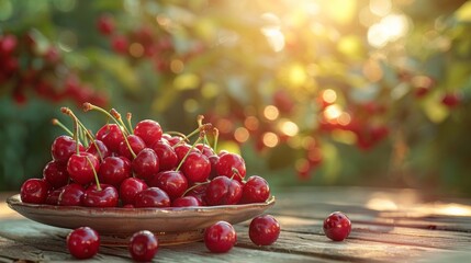 Wall Mural - cherries on a plate on the table, blurred background of an orchard, a pastoral scene of tranquility