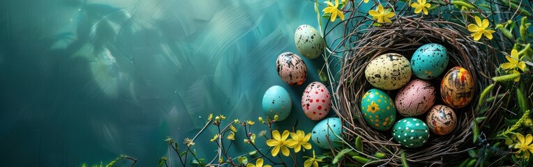 Wall Mural - Easter Egg Hunt: Colorful Eggs in Nest Basket on Fresh Green Meadow - Greeting Card/Banner Design - Top View Flat Lay