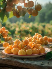 Wall Mural - yellow cherries on a plate on the table, blurred background of an orchard, a pastoral scene of tranquility